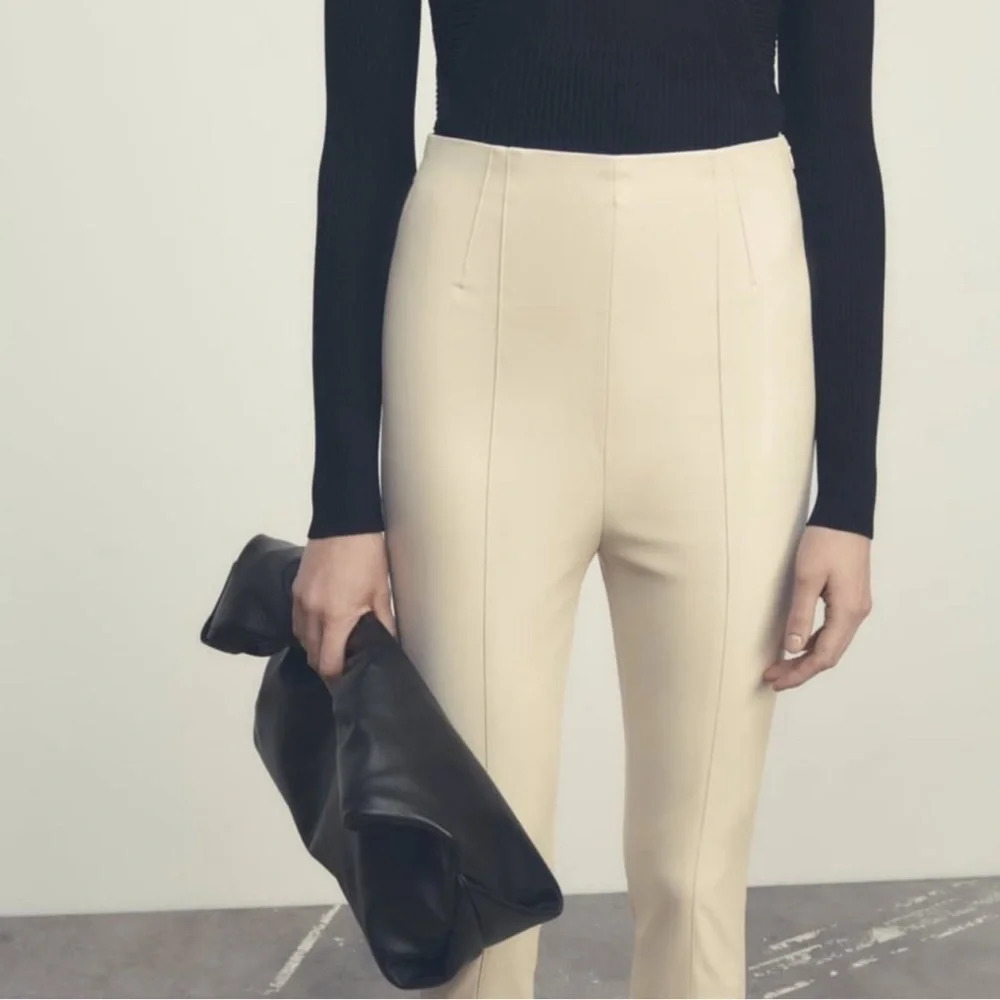 ZARA NWT Hi Rise Legging Faux Leather SMALL Side Zip Elastic Waist Pull On Camel - Picture 2 of 13